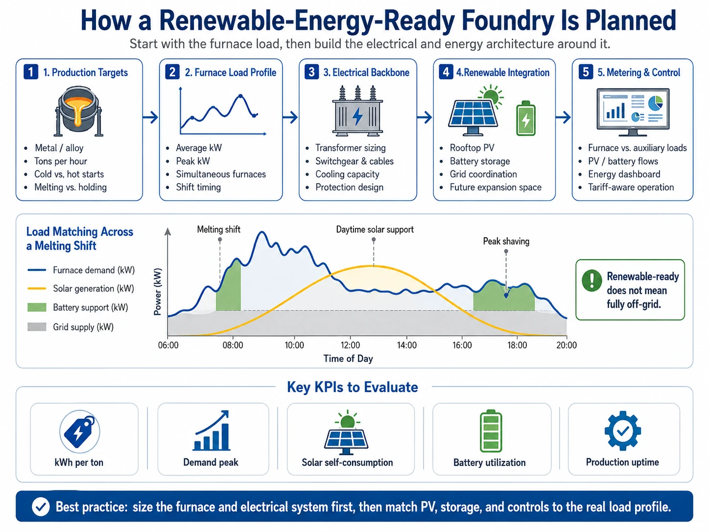 Renewable-energy-ready foundry planning diagram showing furnace load profile, transformer sizing, solar PV, battery storage, metering and energy control